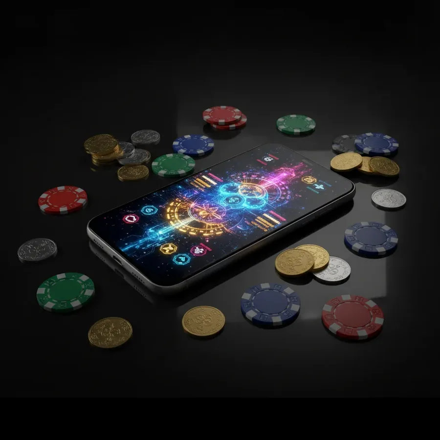 Smartphone with glowing game interface next to chips and coins